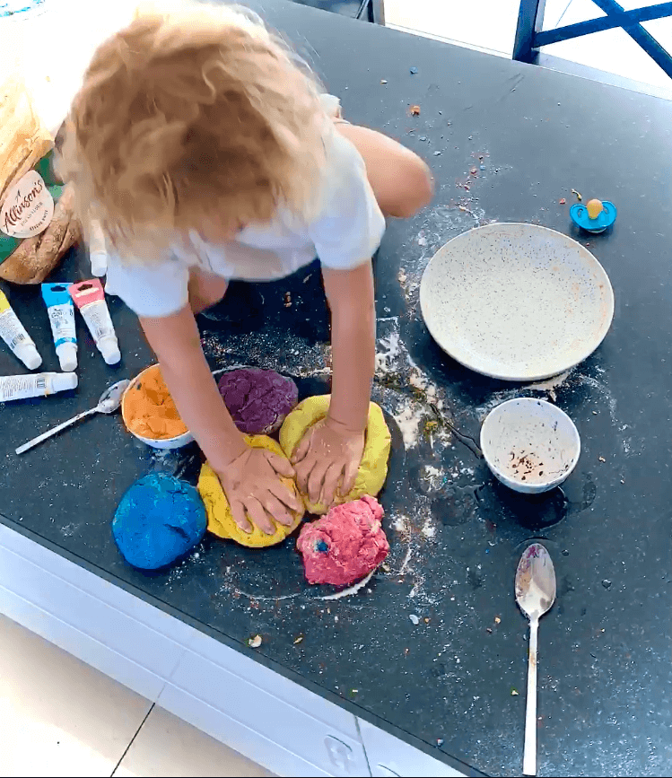 Use oil to help amend the consistency of the no-cook playdough