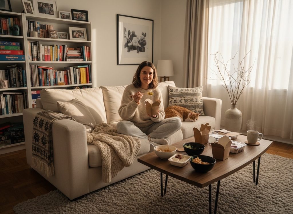 Mum eating a solo take away on her couch as a treat