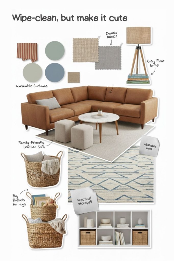 Family living room mood board showing baskets for storage, practical storage, washable soft furnishings and a leather sofa