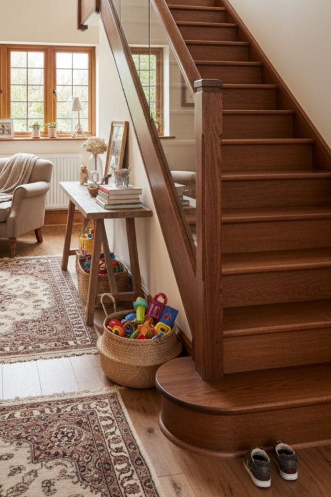 glass and wood staircase in a family home setting